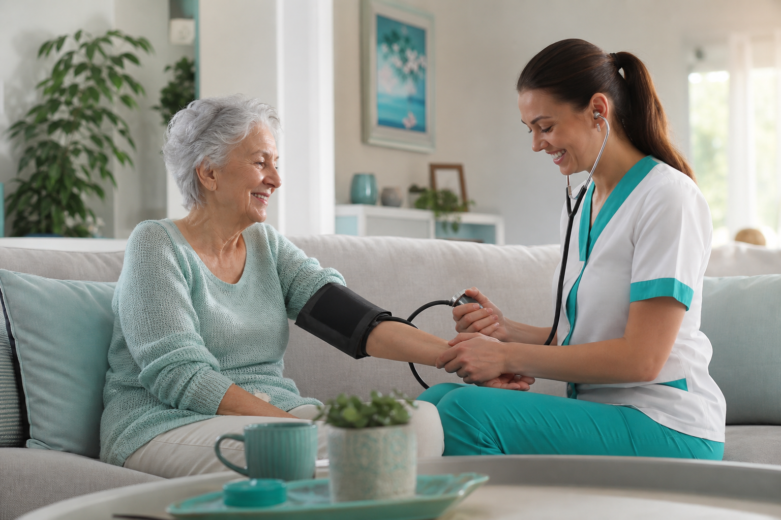 Soins infirmiers à domicile : infirmière Cary avec une patiente chez elle